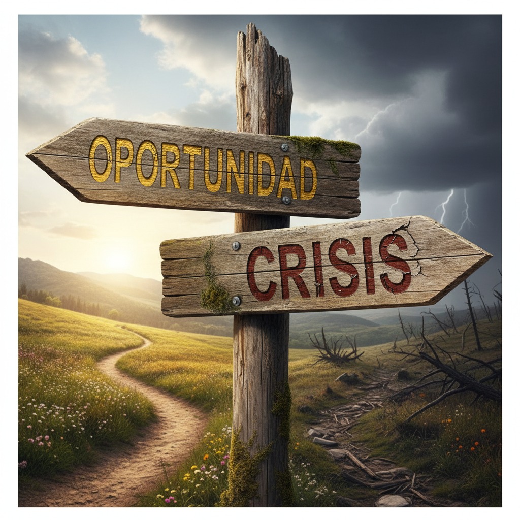 Un cartel de madera con dos direcciones muestra las palabras "Oportunidad" apuntando hacia un paisaje soleado y "Crisis" hacia un cielo tormentoso.