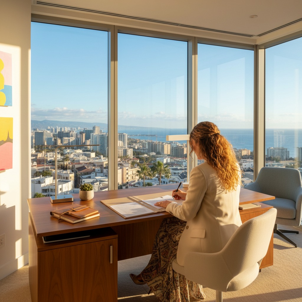 Una mujer trabaja sentada en un escritorio de madera frente a un gran ventanal con vistas a una ciudad y al mar.