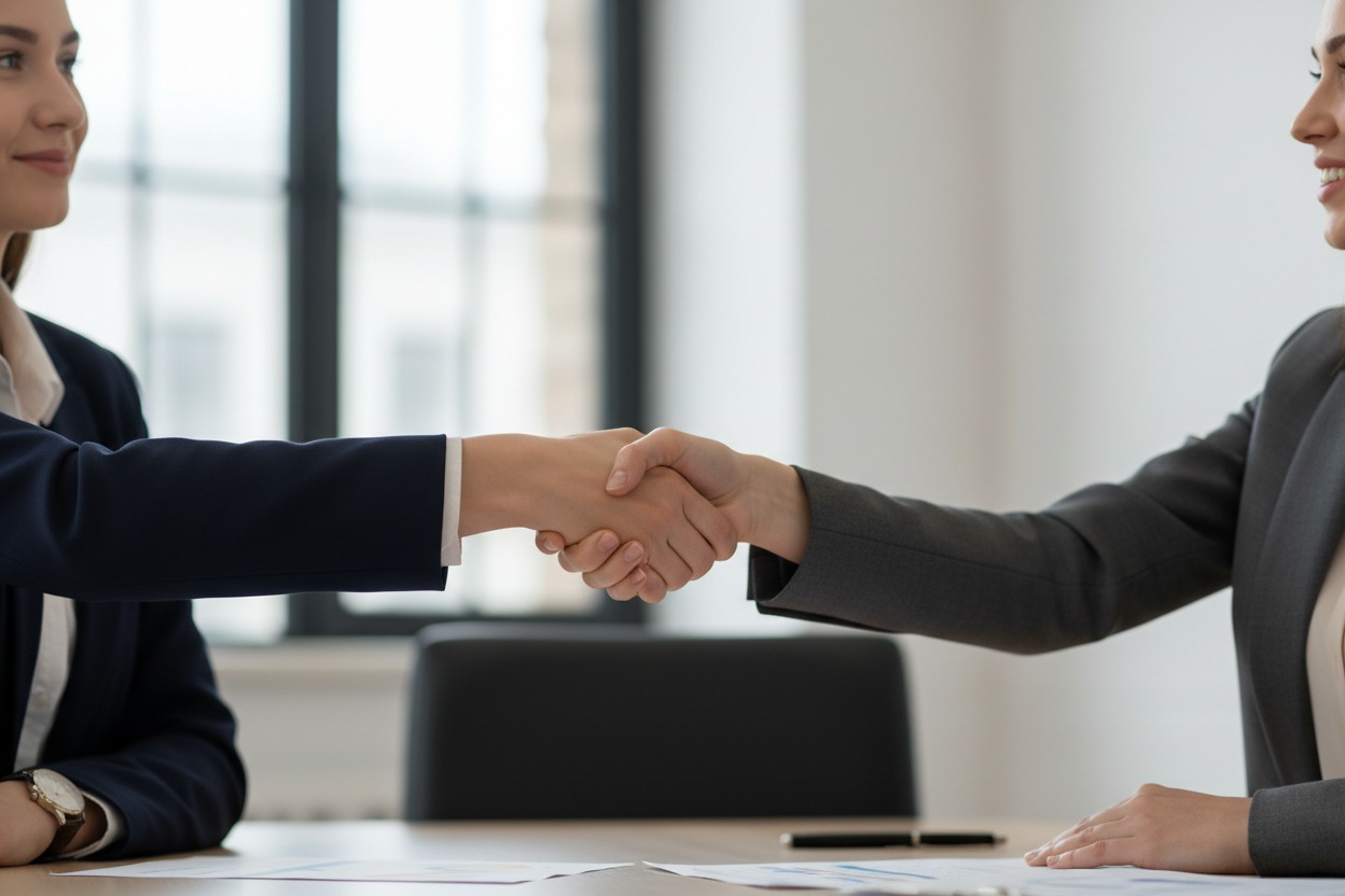 Dos empresarias estrechan la mano sobre una mesa en una oficina luminosa.